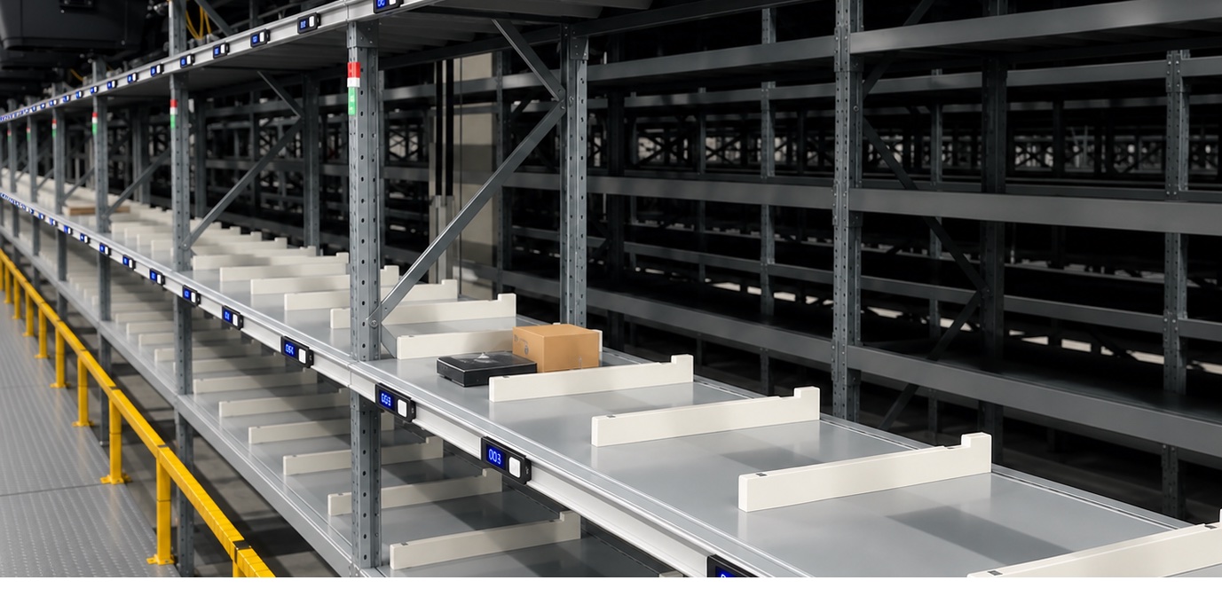 PTL pick face with light modules mounted on multi-level flow rack