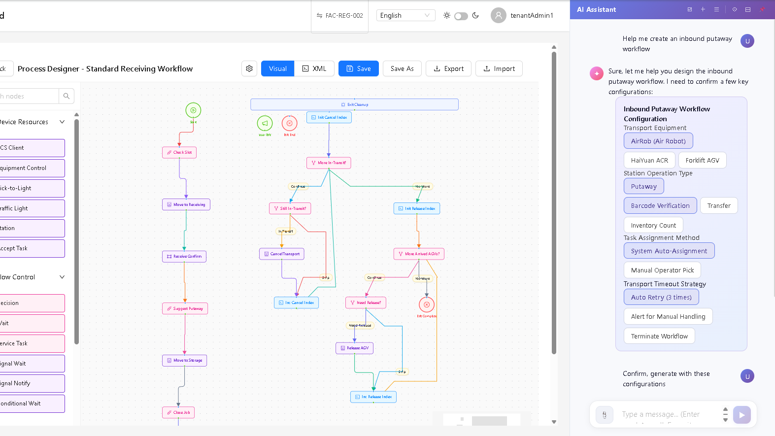 OrbiFlow AI Assistant configuring an inbound putaway workflow